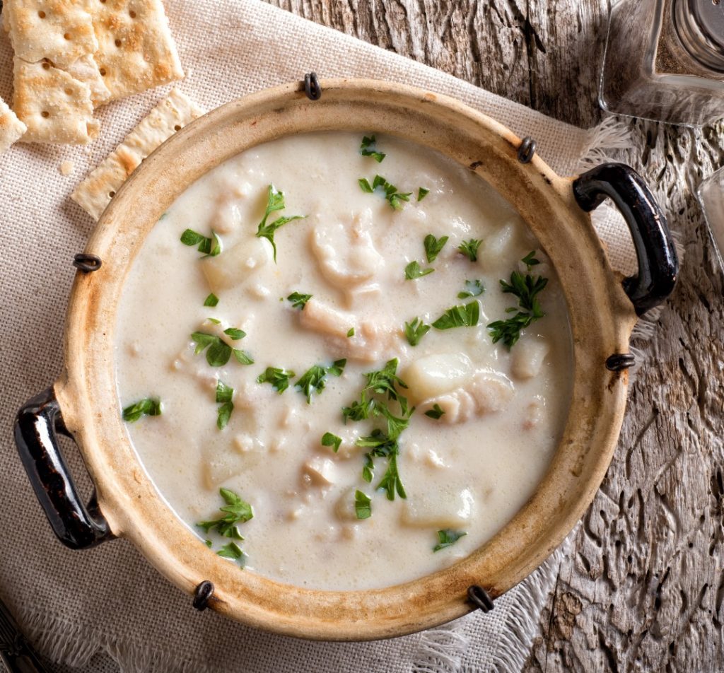 fish chowder decorated with parsley