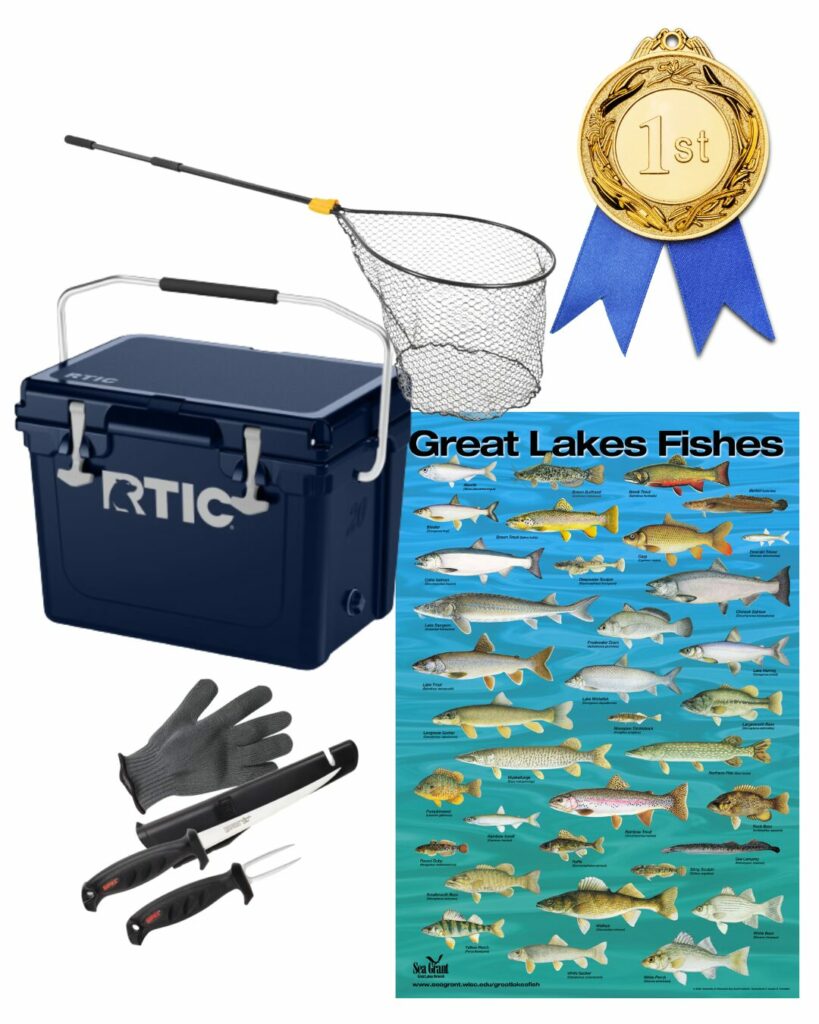 First place ribbon with a fishing net, an 'rtic cooler, fillet knife, sharpening stone, gloves and fork, and a Great Lakes Fish poster.