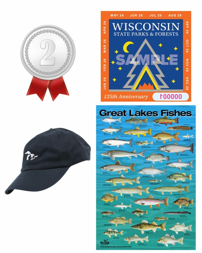 Second place ribbon with Wisconsin State Park pass, a dark hat with a silhouette of the Great Lakes embroidered on it and a Great Lakes Fish poster.